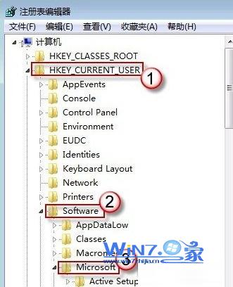依次打开“HKEY_CURRENT_USER---Software---Microsoft”选项 依次打开“HKEY_CURRENT_USER---Software---Microsoft”选项