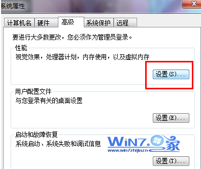 选择“性能”区域内的“设置”按钮 选择“性能”区域内的“设置”按钮